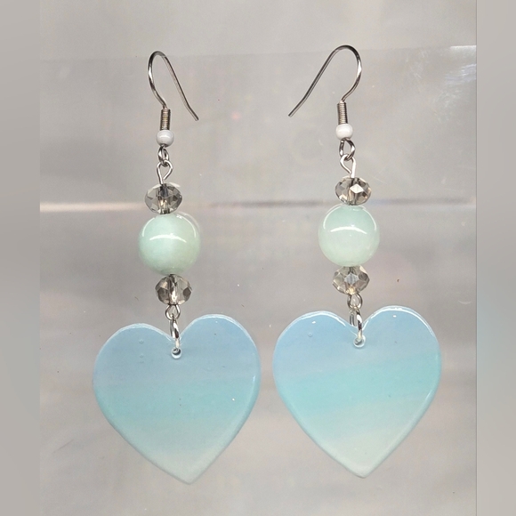 Erins Lovely Creations Jewelry - #B192- Handmade Heart-Shaped Earrings in Light Blue With Quartz Beads